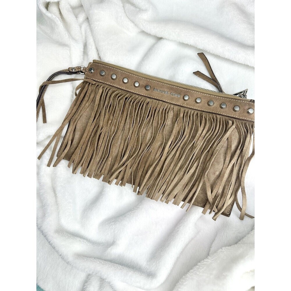 Michael Kors Clutch Bag Womens Medium Brown Suede Fringe Studded Boho Western